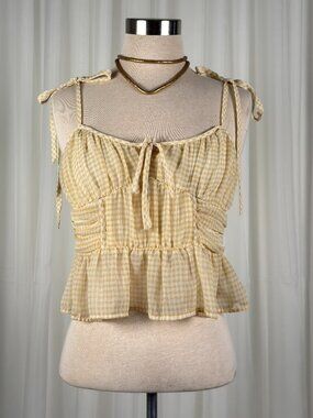AE corset peplum yellow cream gingham cropped blouse small